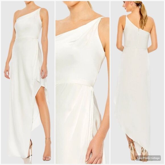 NWOT Mac Duggal One Shoulder White Satin Gown - Picture 1 of 13